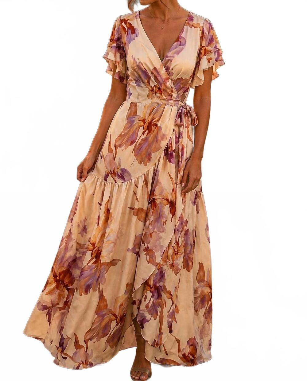 NEW FATE ruffled asymmetrical tiered seam maxi wrap dress in champagne multi